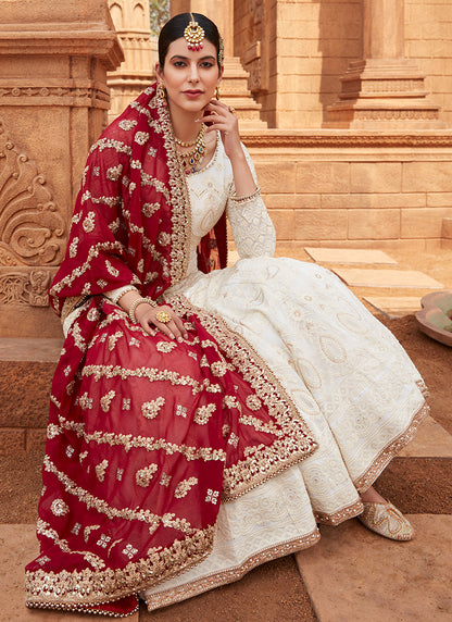 Off White Lakhnavi Anarkali With Maroon Dupatta