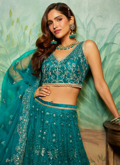 Teal Heavy Thread Embroidered Lehenga