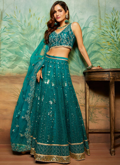 Teal Heavy Thread Embroidered Lehenga