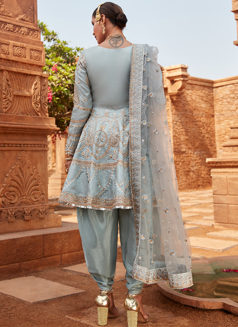 Dusty Blue Dhoti Style Punjabi Suit Lashkaraa