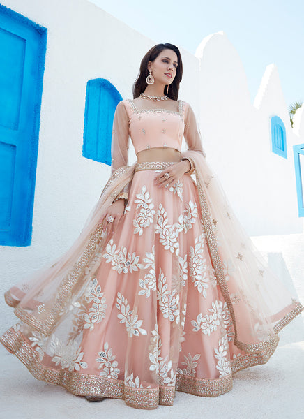 Siddhi Shah - Light Peach Georgette Lehenga and Sea Green Raw Silk  Embroidered Blouse Set. available only at Trendroots Couture