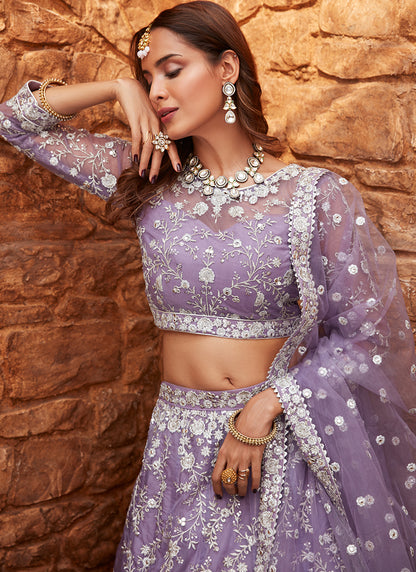 Lavender Embroidered Net Lehenga