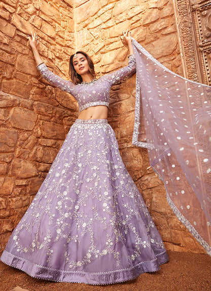 Lavender Embroidered Net Lehenga