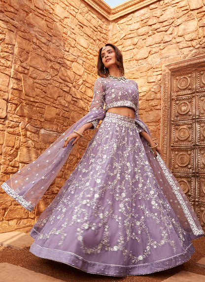 Lavender Embroidered Net Lehenga