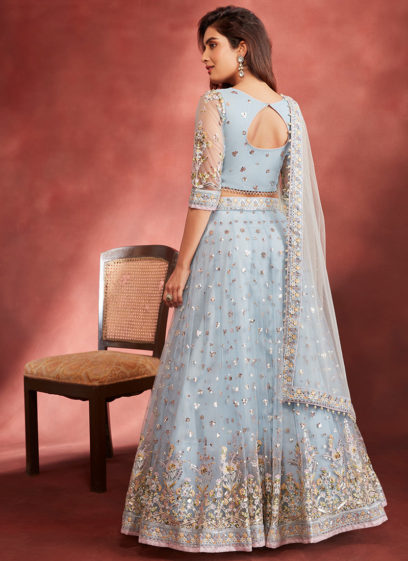 Sky Blue Coloured Georgette with Sequence Thread Mirror Work Woman Des –  Royskart