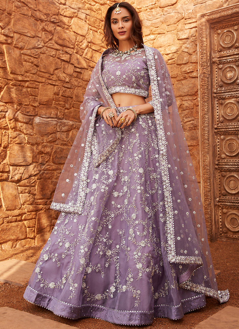 Lavender Embroidered Net Lehenga Lashkaraa