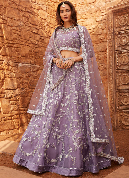 Lavender Embroidered Net Lehenga