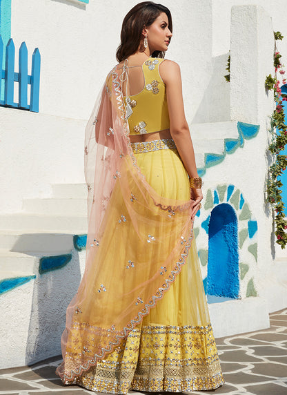 Yellow and Pink Embroidered Net Lehenga