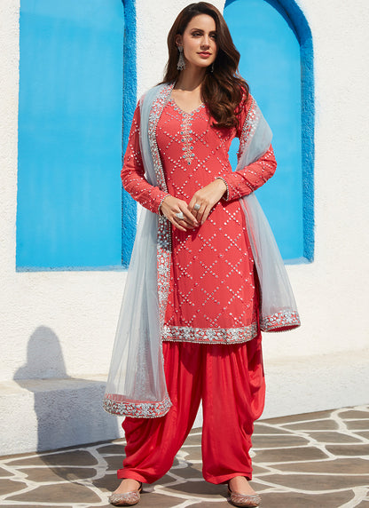 Hot Pink Mirror Embroidered Punjabi Suit