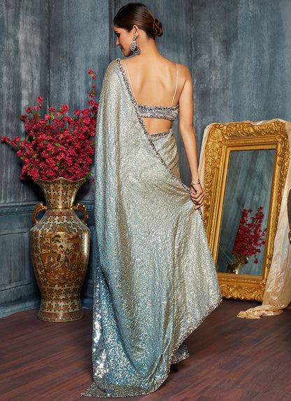 Dusty Blue Ombre Sequins Embroidered Saree