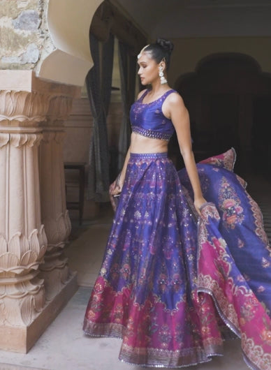 Royal Blue Printed Organza Lehenga