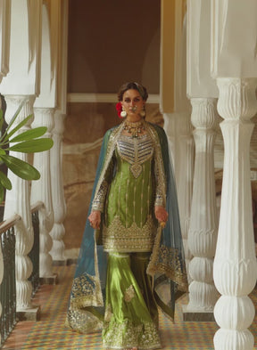 Olive Green and Blue Embroidered Gharara Suit – Lashkaraa