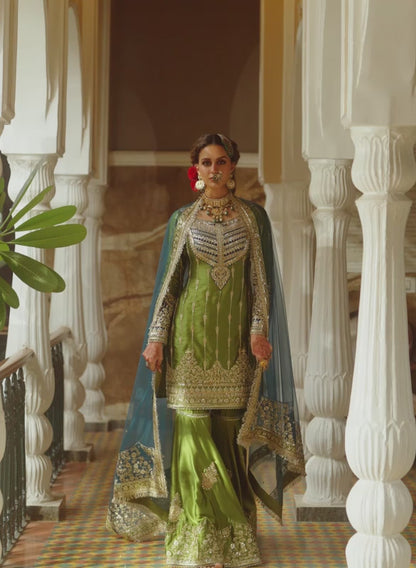 Olive Green and Blue Embroidered Gharara Suit