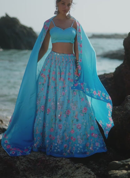 Light Blue Floral Printed Lehenga