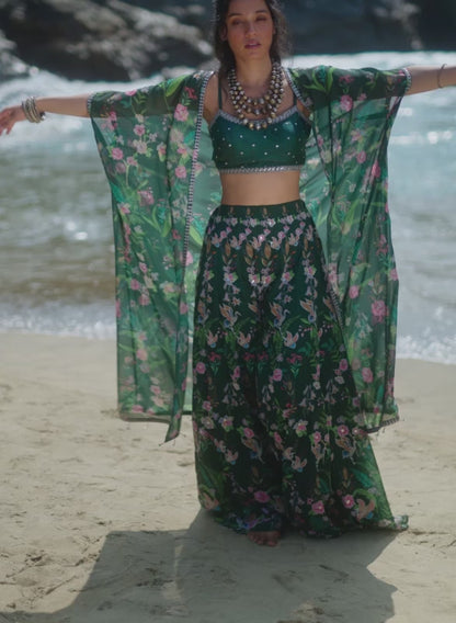 Bottle Green Floral Printed Crop Sharara Set