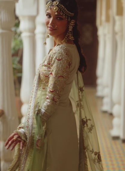 Cream and Light Green Embroidered Palazzo Suit