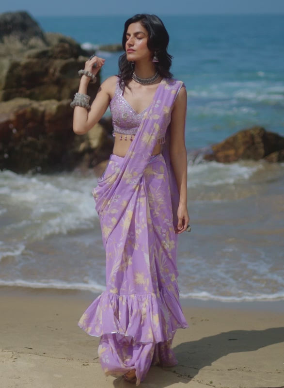 Georgette Floral Digital Print Lavender Saree