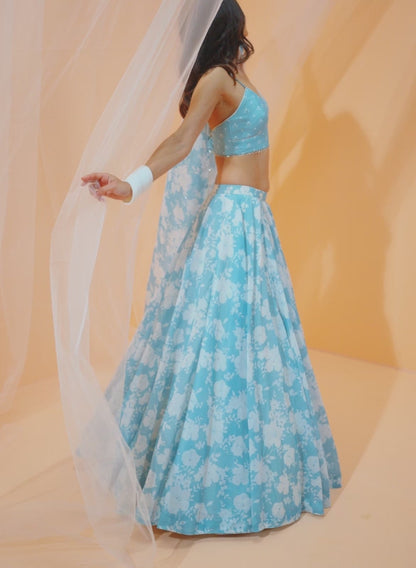 Pastel Blue White Floral Printed Lehenga