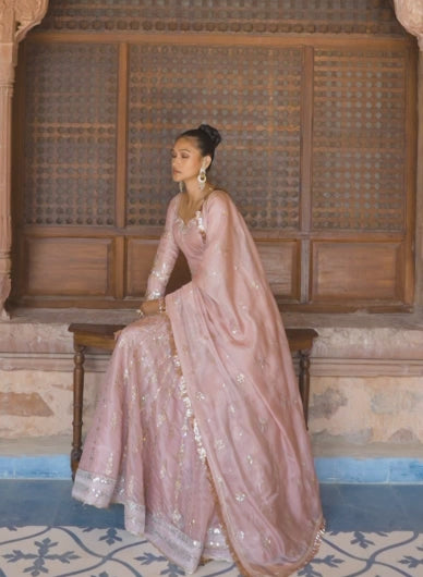 Rose Pink Satin Organza Anarkali