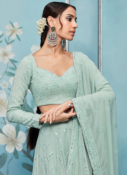 Dusty Mint Green Thread Embroidered Lehenga