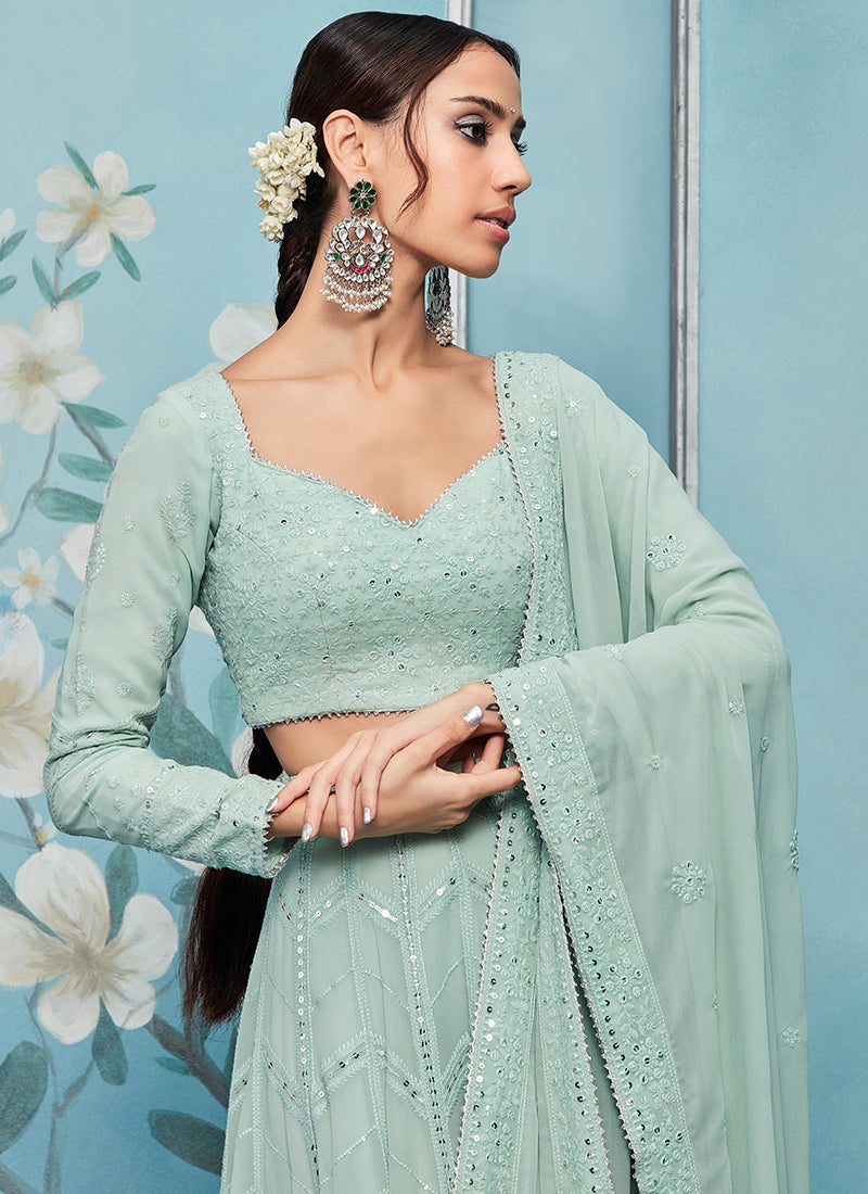 Aqua Blue and Silver Embroidered Engagement Designer Blouse