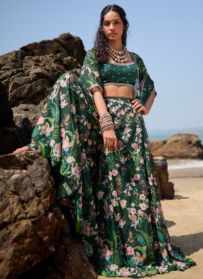 Bottle Green Floral Printed Crop Sharara Set