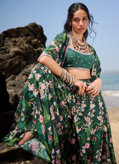 Bottle Green Floral Printed Crop Sharara Set