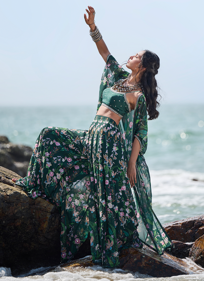 Bottle Green Floral Printed Crop Sharara Set