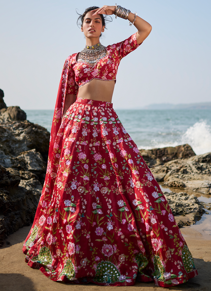 Deep Red Floral Printed Lehenga