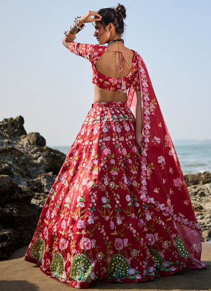 Deep Red Floral Printed Lehenga