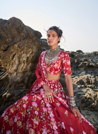 Deep Red Floral Printed Lehenga