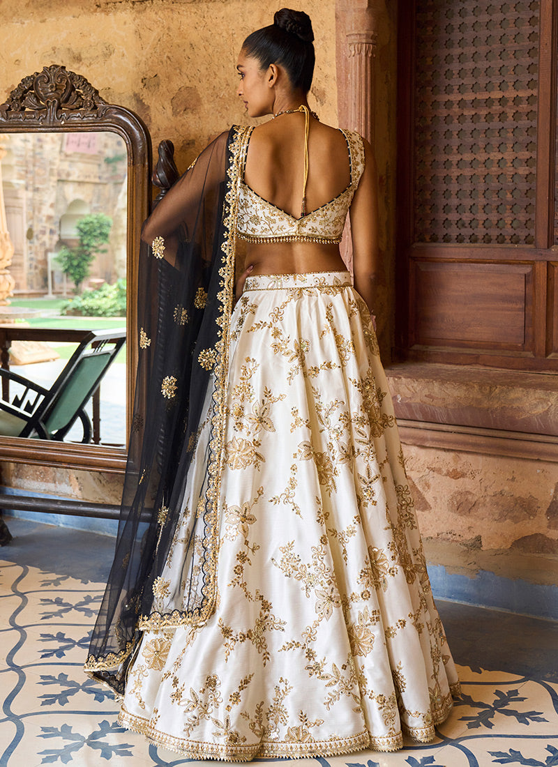 Cream Ivory Banarasi Lehenga Set with Mirror Embroidered Blouse and Dupatta  - Seasons India