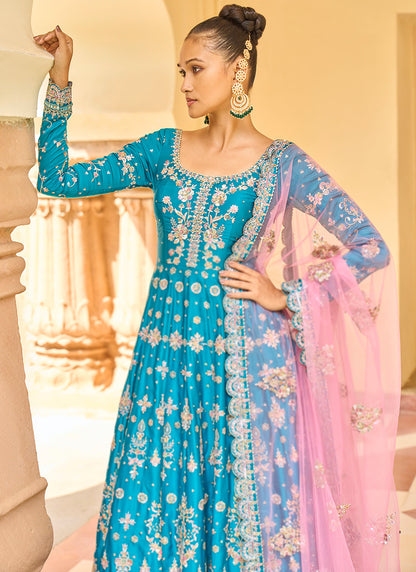 Teal Embroidered Satin Anarkali