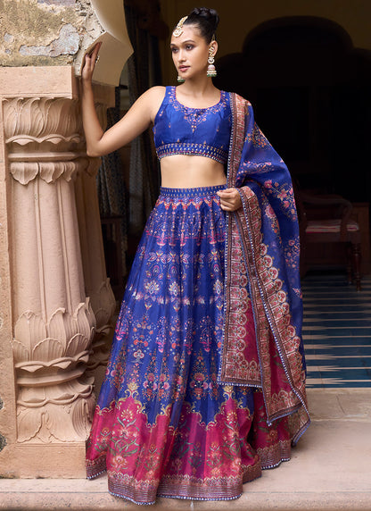 Royal Blue Printed Organza Lehenga – Lashkaraa