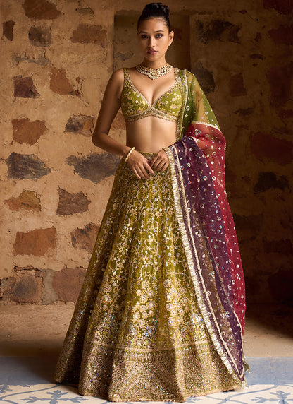 Mehendi Green Multicolor Net Lehenga