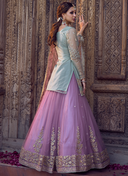 Mint and Light Purple Kurti Style Lehenga