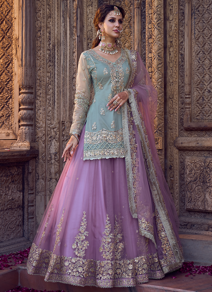 Mint and Light Purple Kurti Style Lehenga