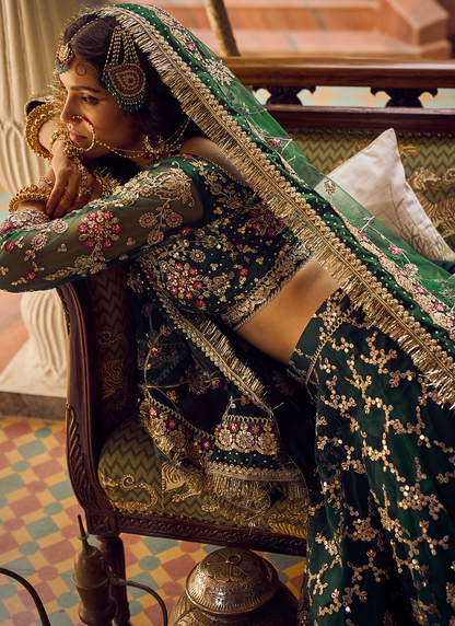 Bottle Green Embroidered Lehenga