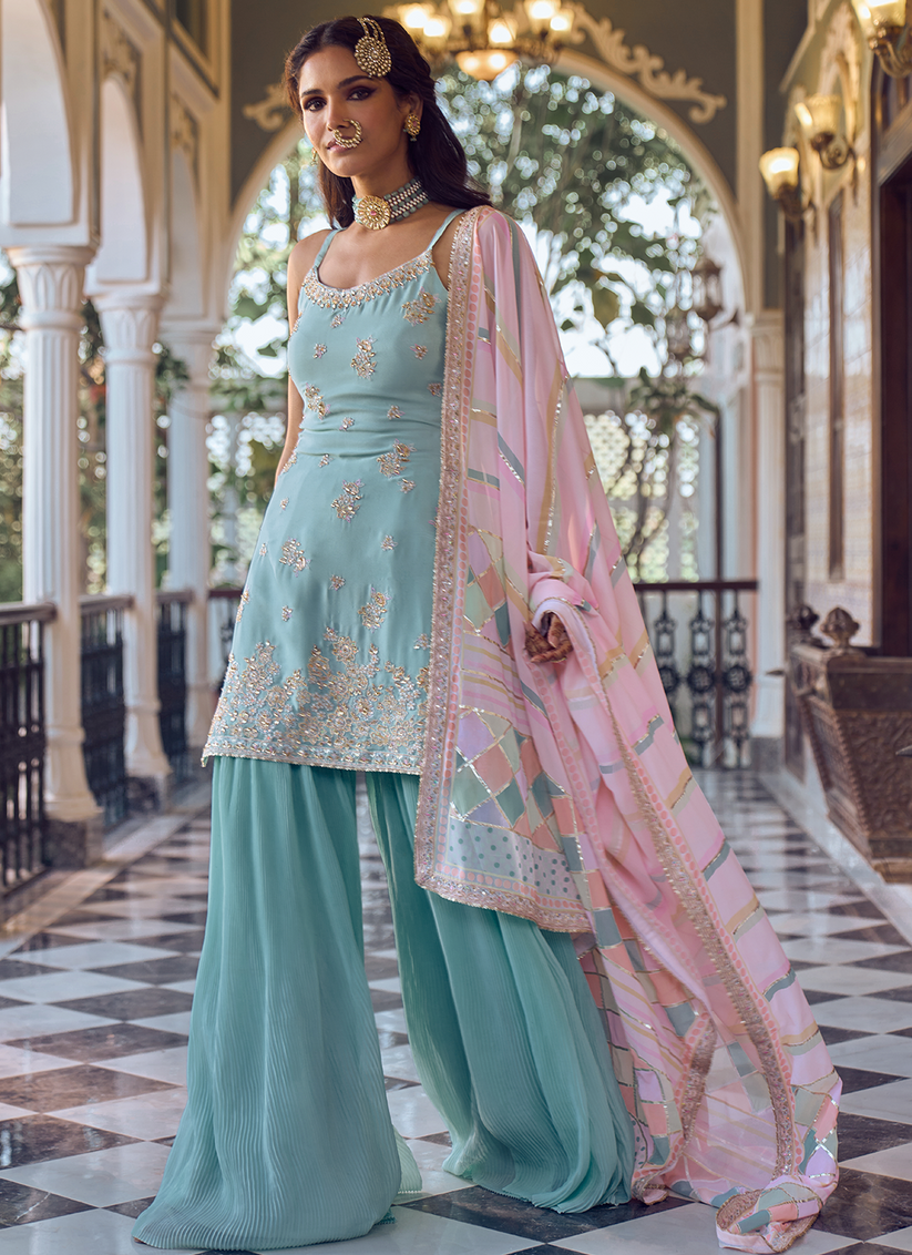 Light Blue Embroidered Sharara Suit | Lashkaraa