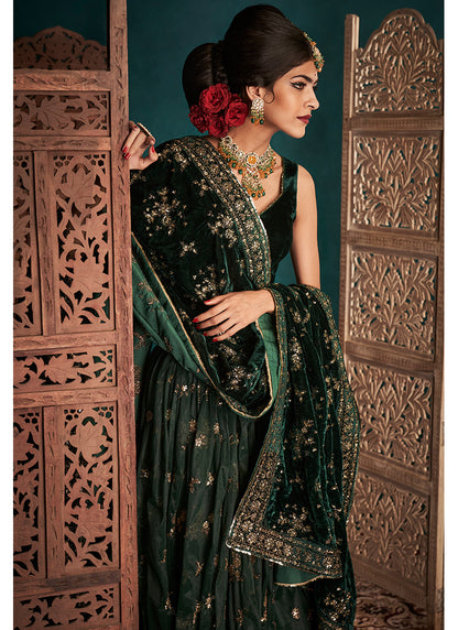 Dark Green and Gold Embroidered Velvet Lehenga