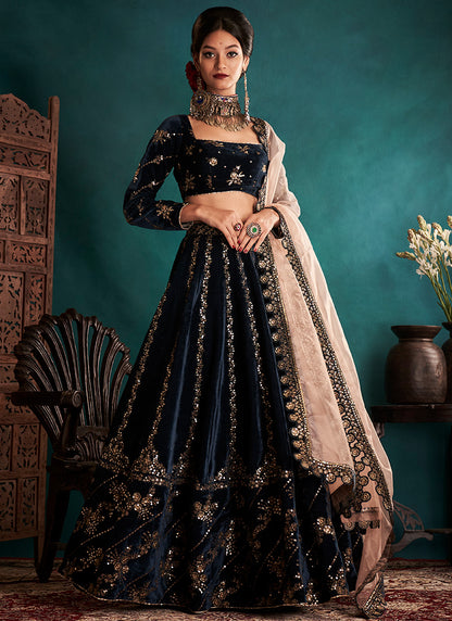 Dark Blue and Gold Embroidered Velvet Lehenga