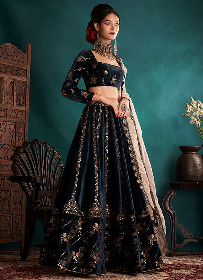 Dark Blue and Gold Embroidered Velvet Lehenga