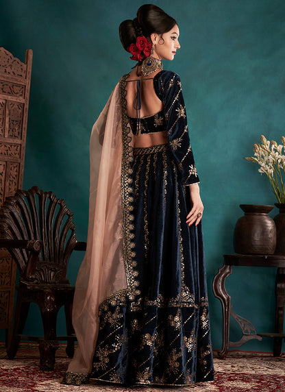 Dark Blue and Gold Embroidered Velvet Lehenga