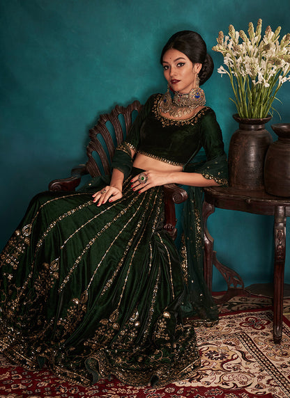 Bottle Green Embroidered Velvet Lehenga