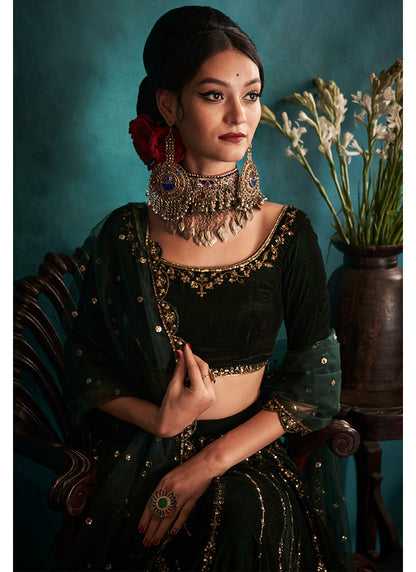 Bottle Green Embroidered Velvet Lehenga