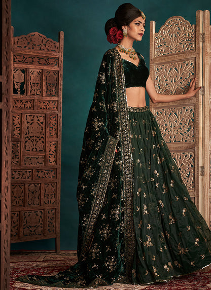 Dark Green and Gold Embroidered Velvet Lehenga