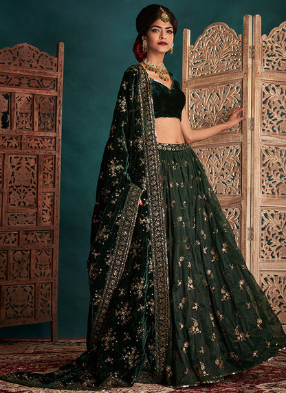 Dark Green and Gold Embroidered Velvet Lehenga