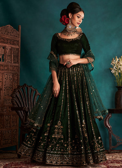 Bottle Green Embroidered Velvet Lehenga