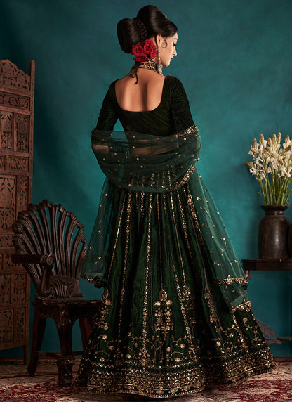 Bottle Green Embroidered Velvet Lehenga