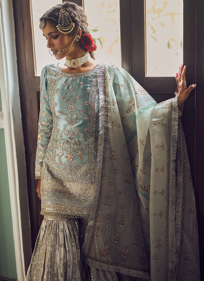 Dusty Blue and Grey Embroidered Gharara Suit